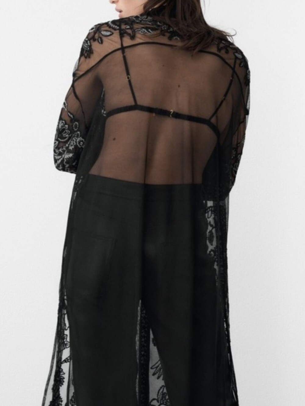 Zara Embroidered Sheer Maxi Length Top Womens M Black Whimsy Goth Button Up - Picture 8 of 16